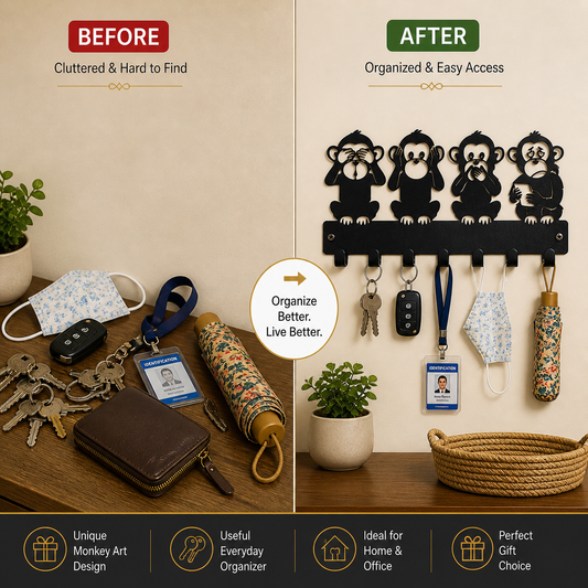 Four Monkeys Design Wall Mounted Key Hanger| Metal Key Holder| 7 Hooks