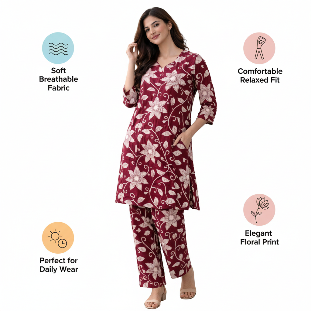 Women Floral Printed Kurta Pant Set | Cotton Blend Kurta Co-Ord Set| Maroon
