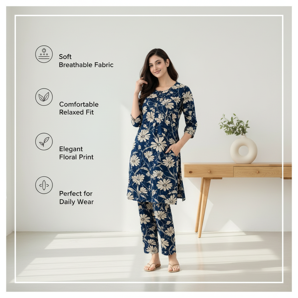 Navy Blue Floral Printed Kurta Pant Set | Cotton Blend Kurta Co-Ord Set |