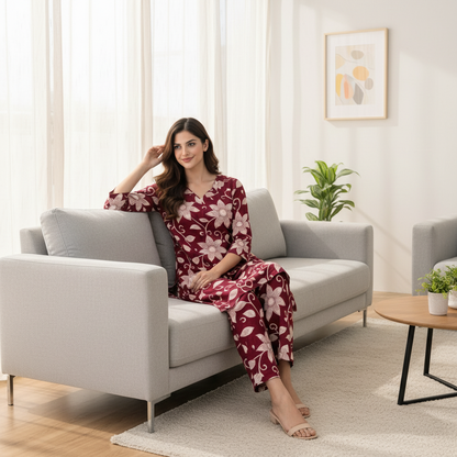 Women Floral Printed Kurta Pant Set | Cotton Blend Kurta Co-Ord Set| Maroon