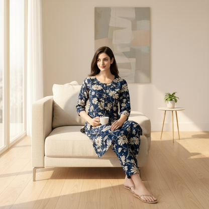 Navy Blue Floral Printed Kurta Pant Set | Cotton Blend Kurta Co-Ord Set |