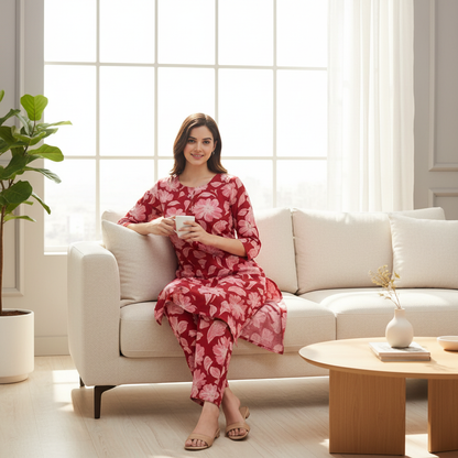 Women Floral Printed Kurta Pant Set | Cotton Blend Kurta Co-Ord Set -Dark Red