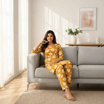 Women Floral Printed Kurta Pant Set | Cotton Blend Kurta Co-Ord Set