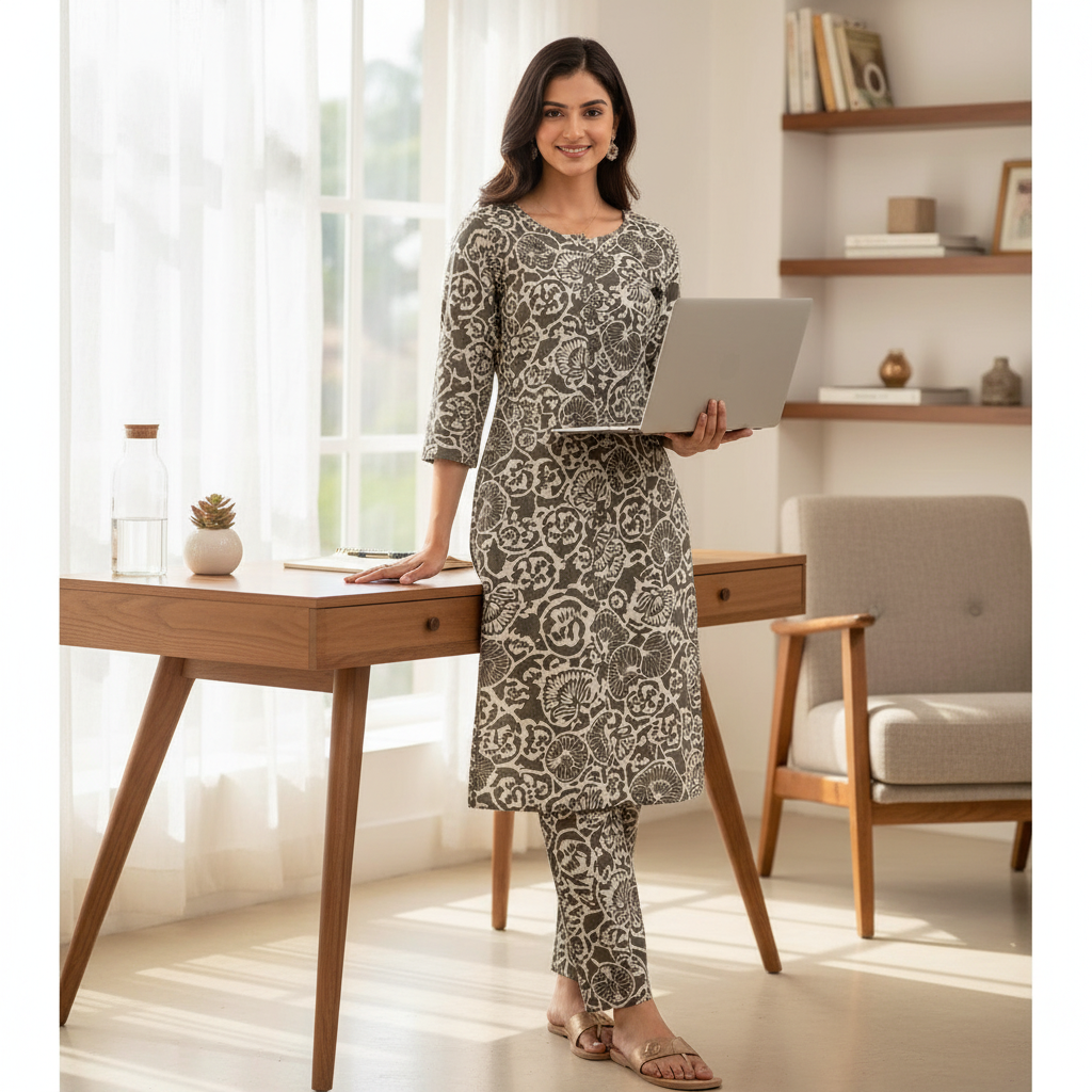 Women Floral Printed Kurta Pant Set | Cotton Blend Kurta Co-Ord Set Grey