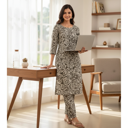 Women Floral Printed Kurta Pant Set | Cotton Blend Kurta Co-Ord Set Grey