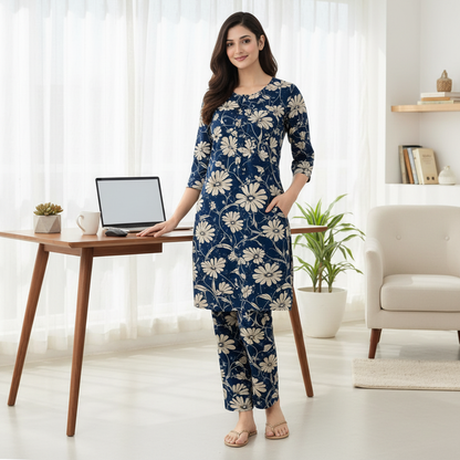 Navy Blue Floral Printed Kurta Pant Set | Cotton Blend Kurta Co-Ord Set |