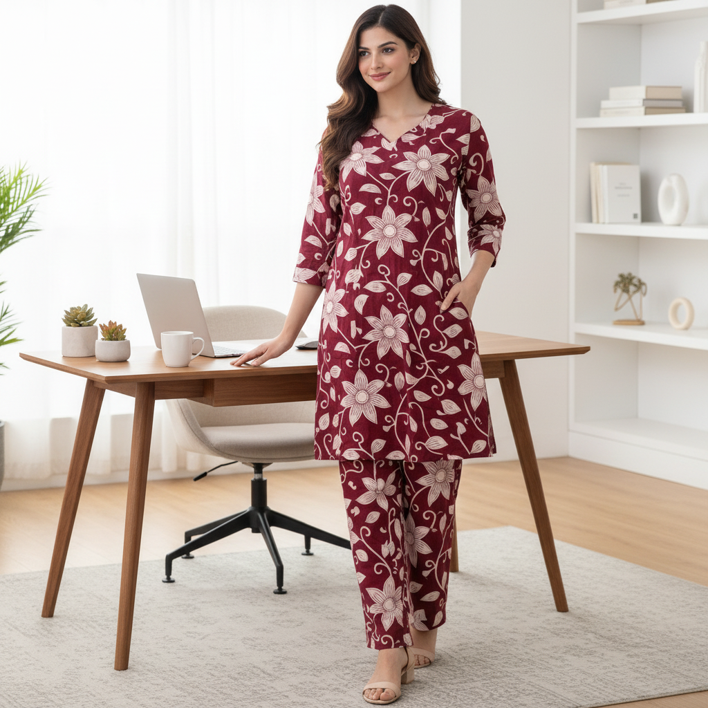 Women Floral Printed Kurta Pant Set | Cotton Blend Kurta Co-Ord Set| Maroon