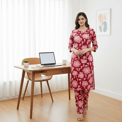 Women Floral Printed Kurta Pant Set | Cotton Blend Kurta Co-Ord Set -Dark Red