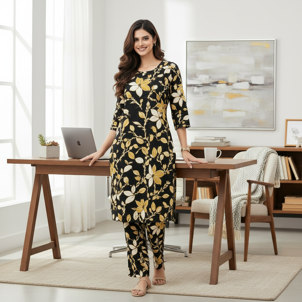 Women Floral Printed Kurta Pant Set | Cotton Blend Kurta Co-Ord Set -Black