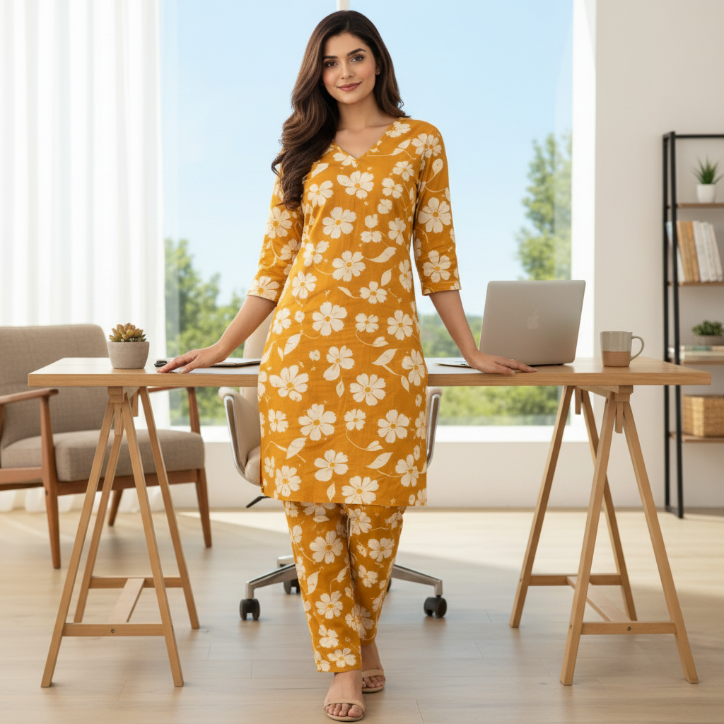 Women Floral Printed Kurta Pant Set | Cotton Blend Kurta Co-Ord Set