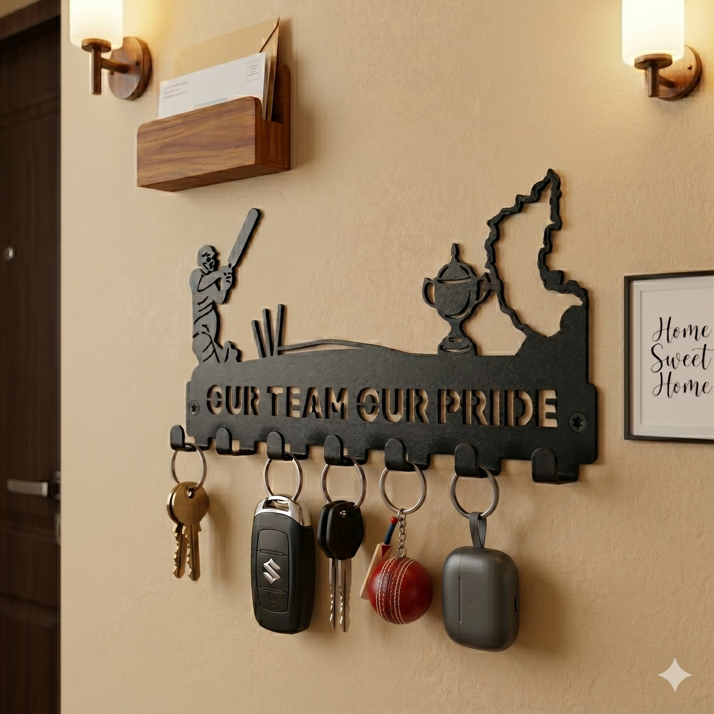 RCB Cricket  Theme | 7 Metal Hooks | Sports Home Decor | Wall Mounted Key Organizer