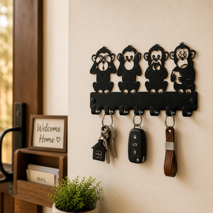 Four Monkeys Design Wall Mounted Key Hanger| Metal Key Holder| 7 Hooks