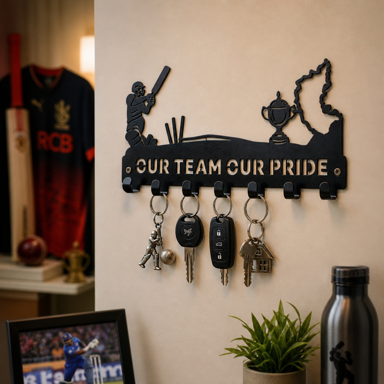 RCB Cricket  Theme | 7 Metal Hooks | Sports Home Decor | Wall Mounted Key Organizer