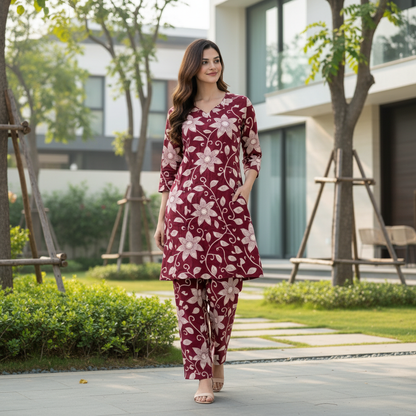 Women Floral Printed Kurta Pant Set | Cotton Blend Kurta Co-Ord Set| Maroon
