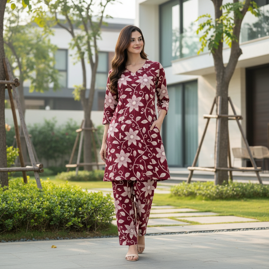 Women Floral Printed Kurta Pant Set | Cotton Blend Kurta Co-Ord Set| Maroon