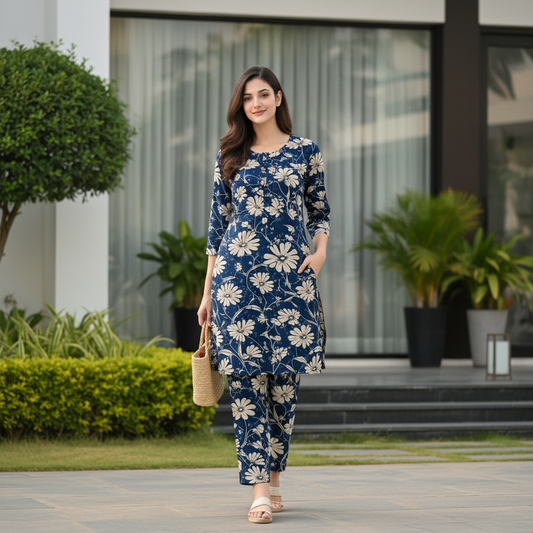 Navy Blue Floral Printed Kurta Pant Set | Cotton Blend Kurta Co-Ord Set |