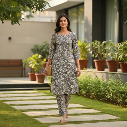 Women Floral Printed Kurta Pant Set | Cotton Blend Kurta Co-Ord Set Grey