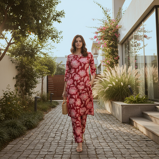 Women Floral Printed Kurta Pant Set | Cotton Blend Kurta Co-Ord Set -Dark Red