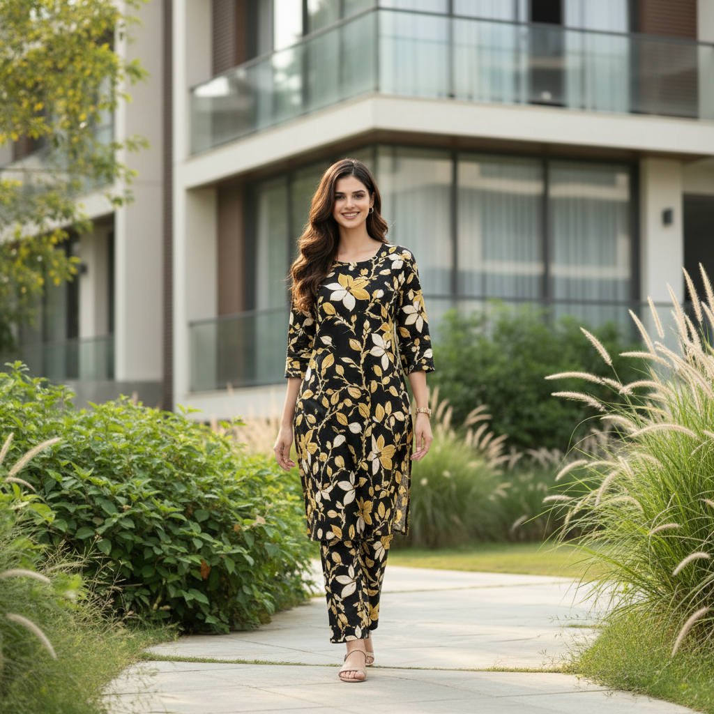 Women Floral Printed Kurta Pant Set | Cotton Blend Kurta Co-Ord Set -Black