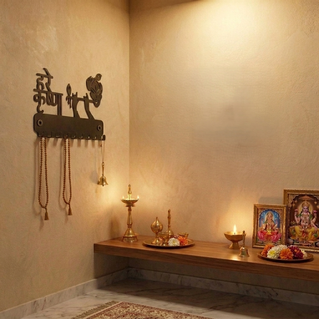 Hare Krishna Metal Key Holder for Wall | Lord Krishna Devotional Design | 9 Hooks