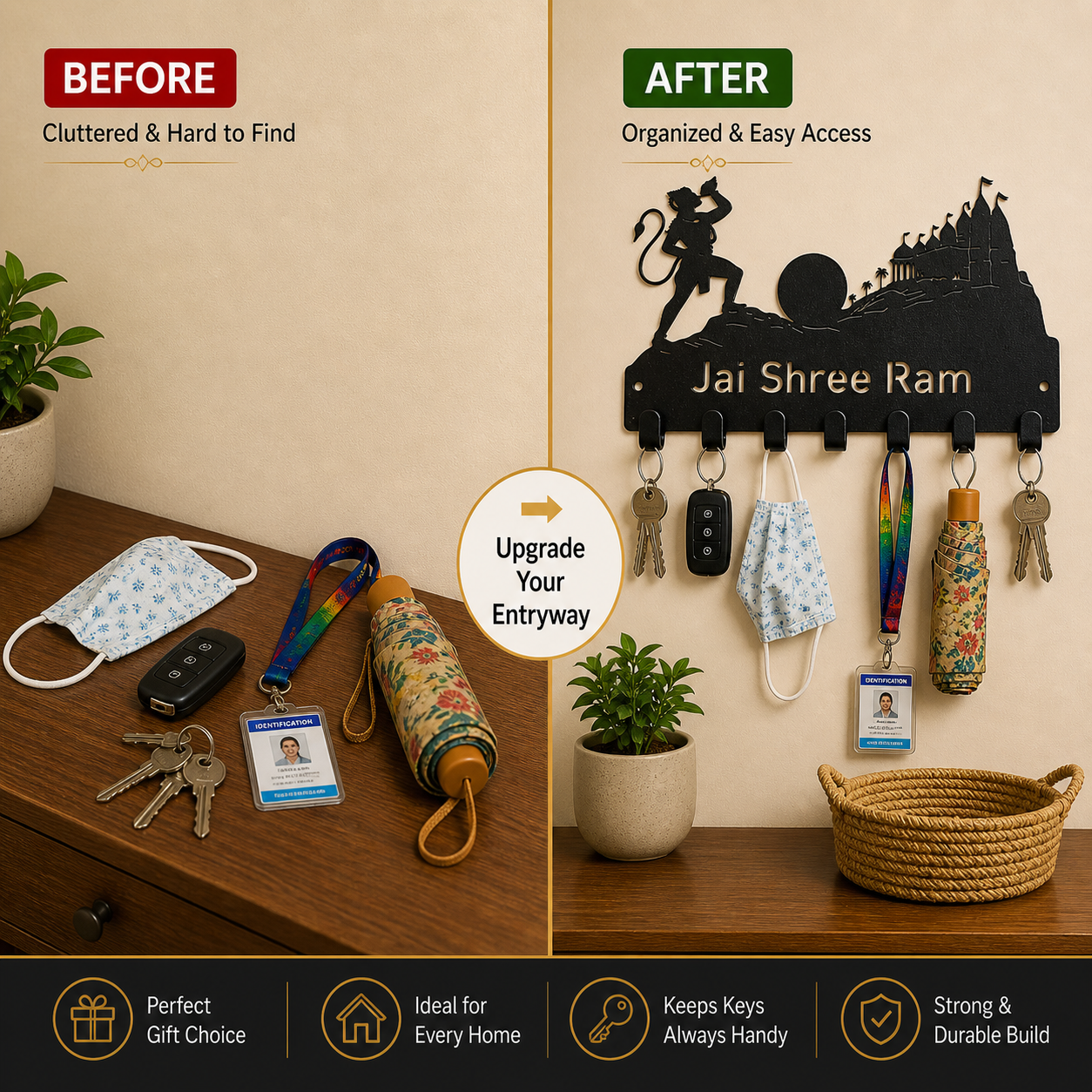 Jai Shree Ram Design | Metal Key Holder for Wall |  | 7 Hooks