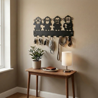 Four Monkeys Design Wall Mounted Key Hanger| Metal Key Holder| 7 Hooks
