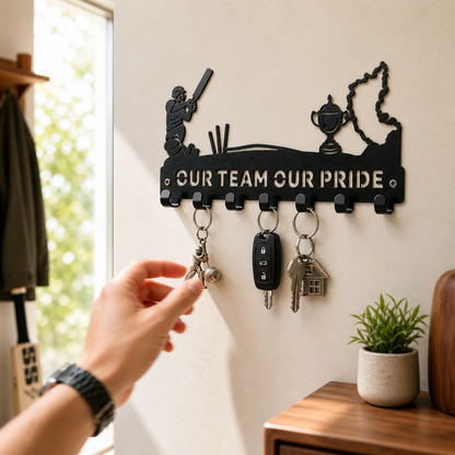 RCB Cricket  Theme | 7 Metal Hooks | Sports Home Decor | Wall Mounted Key Organizer