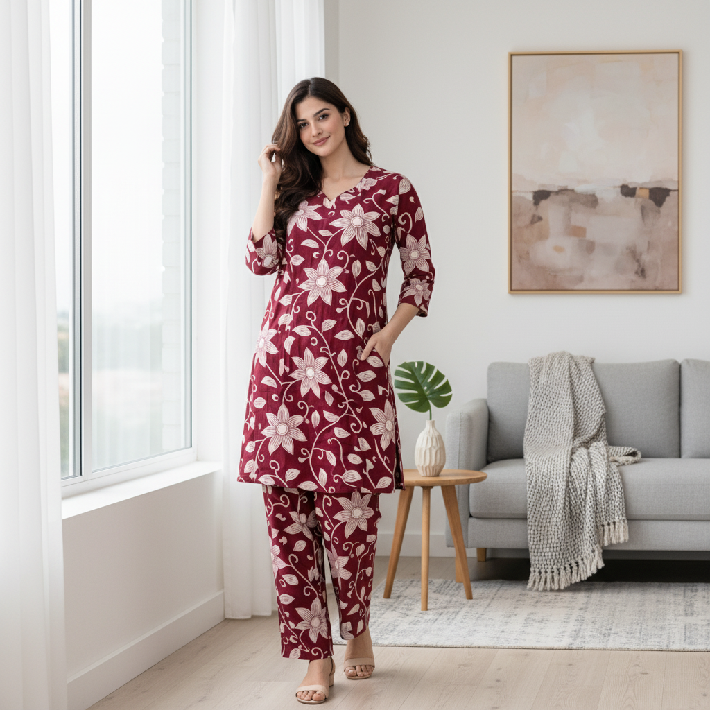 Women Floral Printed Kurta Pant Set | Cotton Blend Kurta Co-Ord Set| Maroon