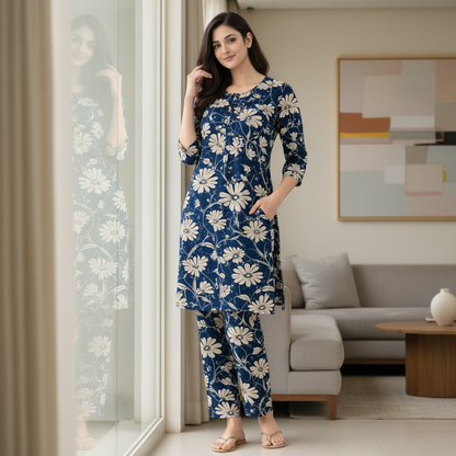 Navy Blue Floral Printed Kurta Pant Set | Cotton Blend Kurta Co-Ord Set |