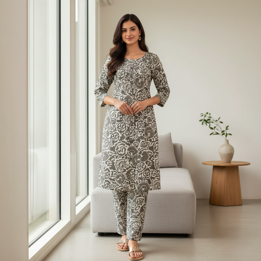 Women Floral Printed Kurta Pant Set | Cotton Blend Kurta Co-Ord Set Grey