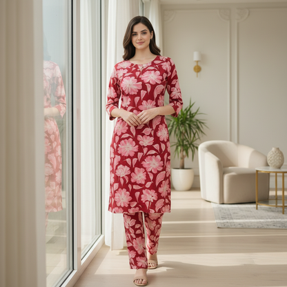 Women Floral Printed Kurta Pant Set | Cotton Blend Kurta Co-Ord Set -Dark Red