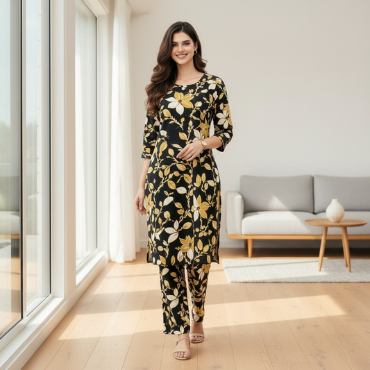 Women Floral Printed Kurta Pant Set | Cotton Blend Kurta Co-Ord Set -Black