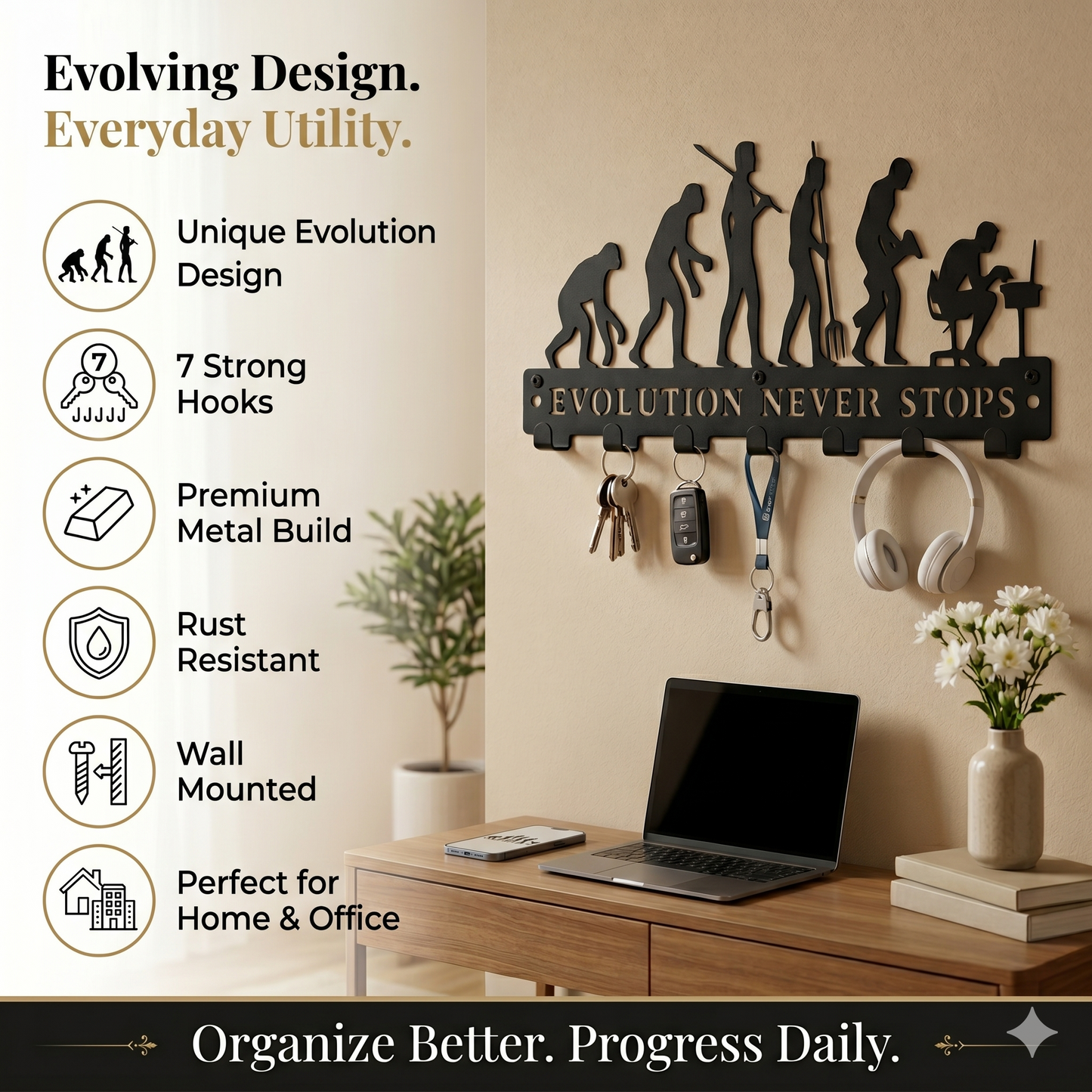 Evolution Never Stops | 7 Hooks Wall Mounted Key Hanger for Wall