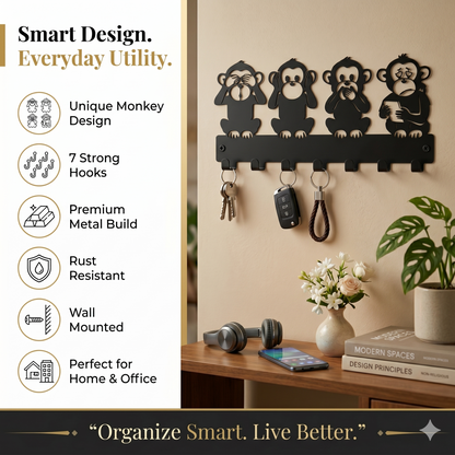 Four Monkeys Design Wall Mounted Key Hanger| Metal Key Holder| 7 Hooks