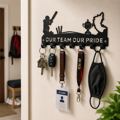 RCB Cricket  Theme | 7 Metal Hooks | Sports Home Decor | Wall Mounted Key Organizer