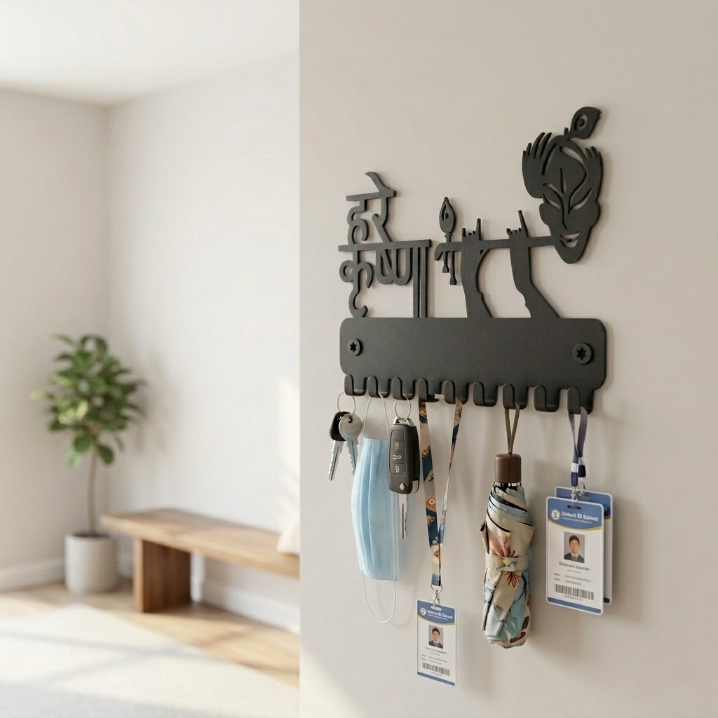 Hare Krishna Metal Key Holder for Wall | Lord Krishna Devotional Design | 9 Hooks
