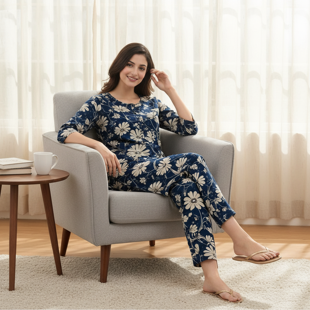 Navy Blue Floral Printed Kurta Pant Set | Cotton Blend Kurta Co-Ord Set |