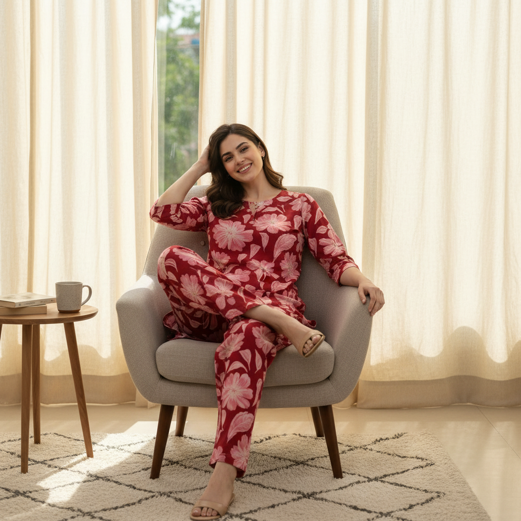 Women Floral Printed Kurta Pant Set | Cotton Blend Kurta Co-Ord Set -Dark Red
