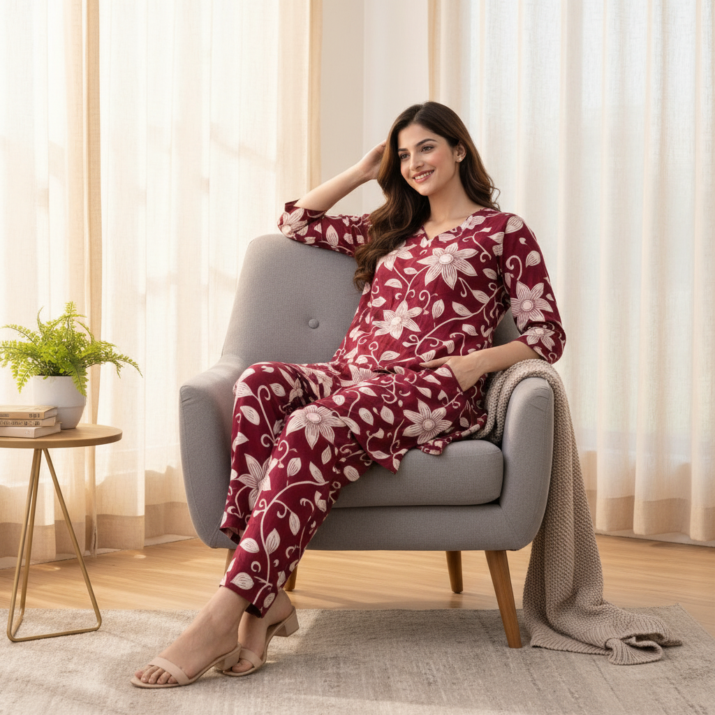 Women Floral Printed Kurta Pant Set | Cotton Blend Kurta Co-Ord Set| Maroon