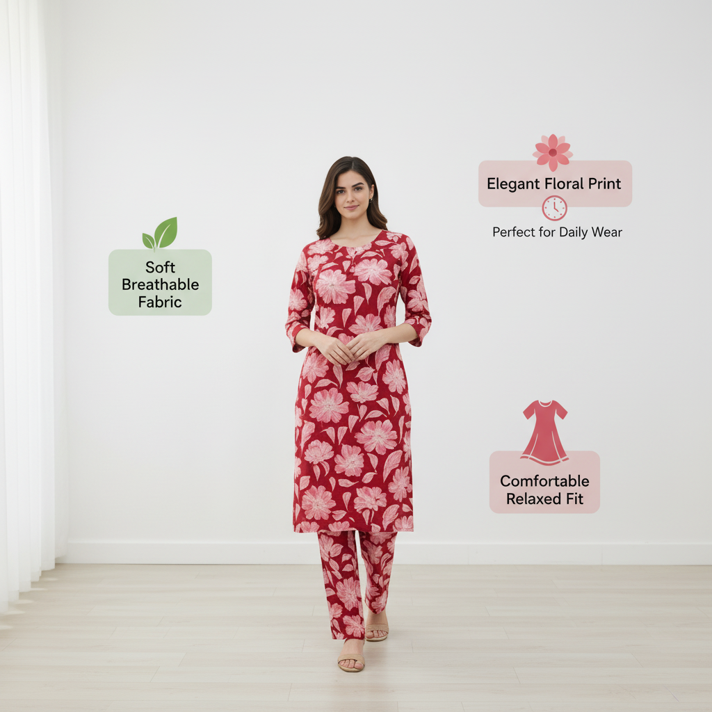 Women Floral Printed Kurta Pant Set | Cotton Blend Kurta Co-Ord Set -Dark Red
