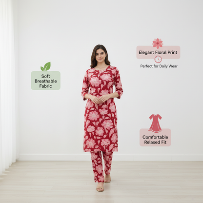 Women Floral Printed Kurta Pant Set | Cotton Blend Kurta Co-Ord Set -Dark Red
