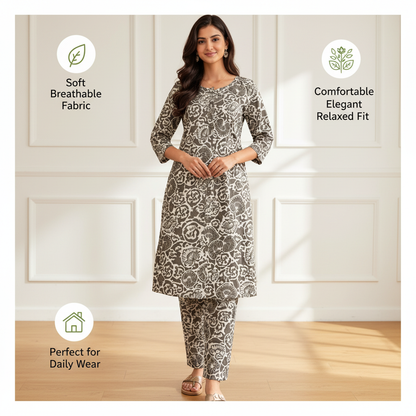 Women Floral Printed Kurta Pant Set | Cotton Blend Kurta Co-Ord Set Grey