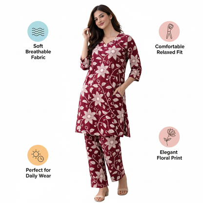 Women Floral Printed Kurta Pant Set | Cotton Blend Kurta Co-Ord Set| Maroon