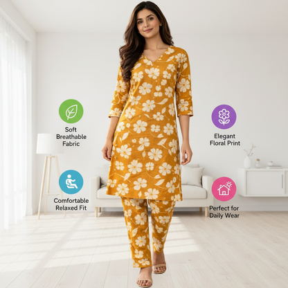 Women Floral Printed Kurta Pant Set | Cotton Blend Kurta Co-Ord Set