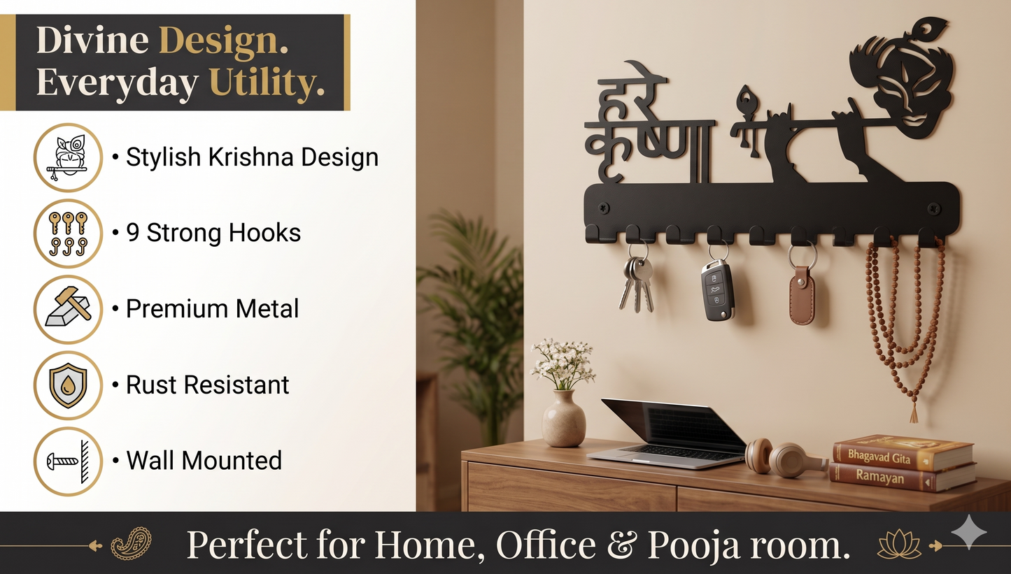 Hare Krishna Metal Key Holder for Wall | Lord Krishna Devotional Design | 9 Hooks