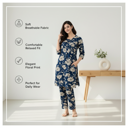 Navy Blue Floral Printed Kurta Pant Set | Cotton Blend Kurta Co-Ord Set |