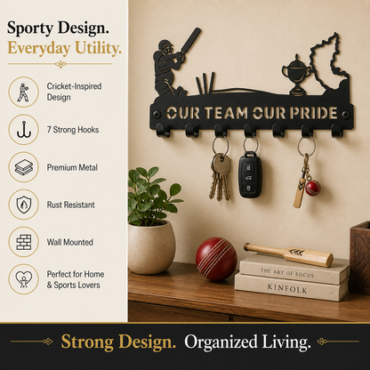 RCB Cricket  Theme | 7 Metal Hooks | Sports Home Decor | Wall Mounted Key Organizer