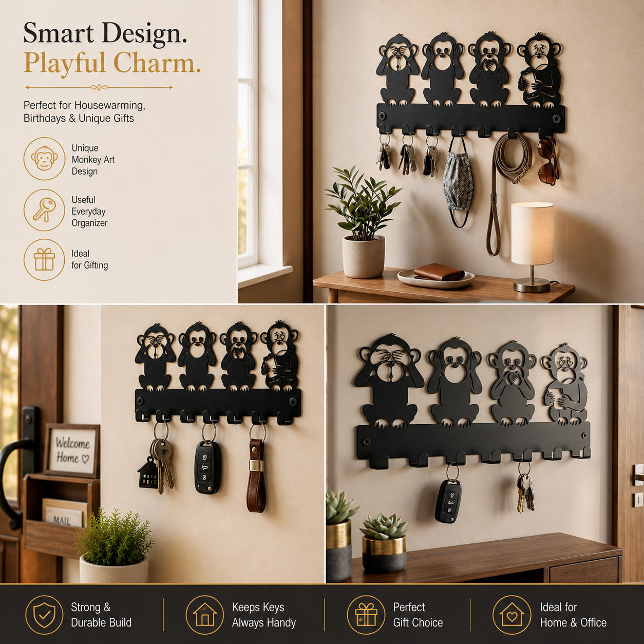 Four Monkeys Design Wall Mounted Key Hanger| Metal Key Holder| 7 Hooks