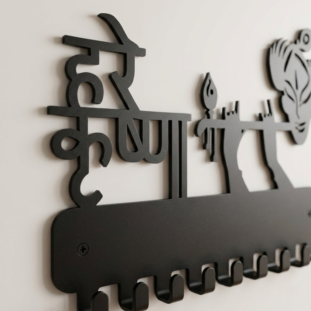 Hare Krishna Metal Key Holder for Wall | Lord Krishna Devotional Design | 9 Hooks