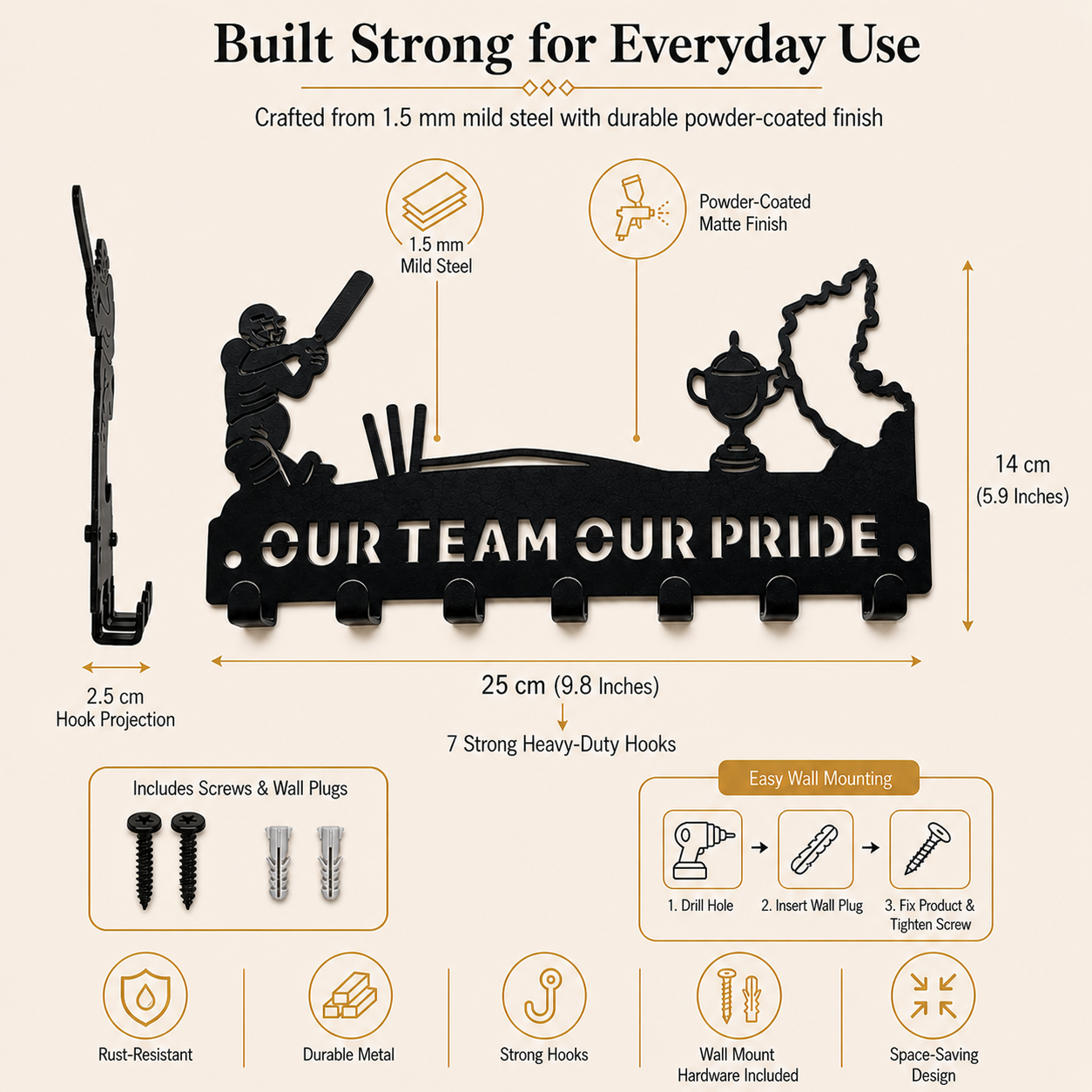 RCB Cricket  Theme | 7 Metal Hooks | Sports Home Decor | Wall Mounted Key Organizer